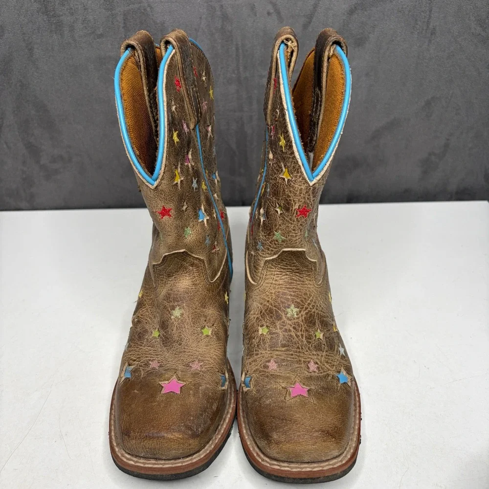 Dan Post Cowboy Boots Kids 13D Brown Multi Color Star Cutout Square Toe DPC2952